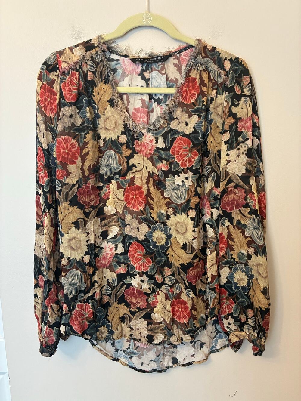 Peruvian Connection Floral Blouse Long Sleeve Black Red Tan XS